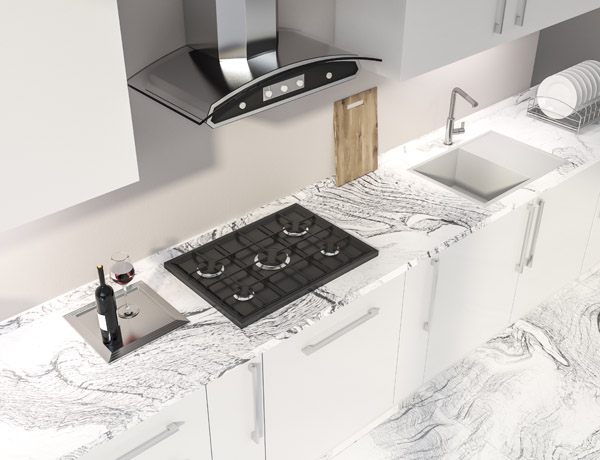Top view of white marble countertops with built in sink and cooker with white cupboards hanging above them in stylish kitchen with beige walls and marble floor. 3d rendering